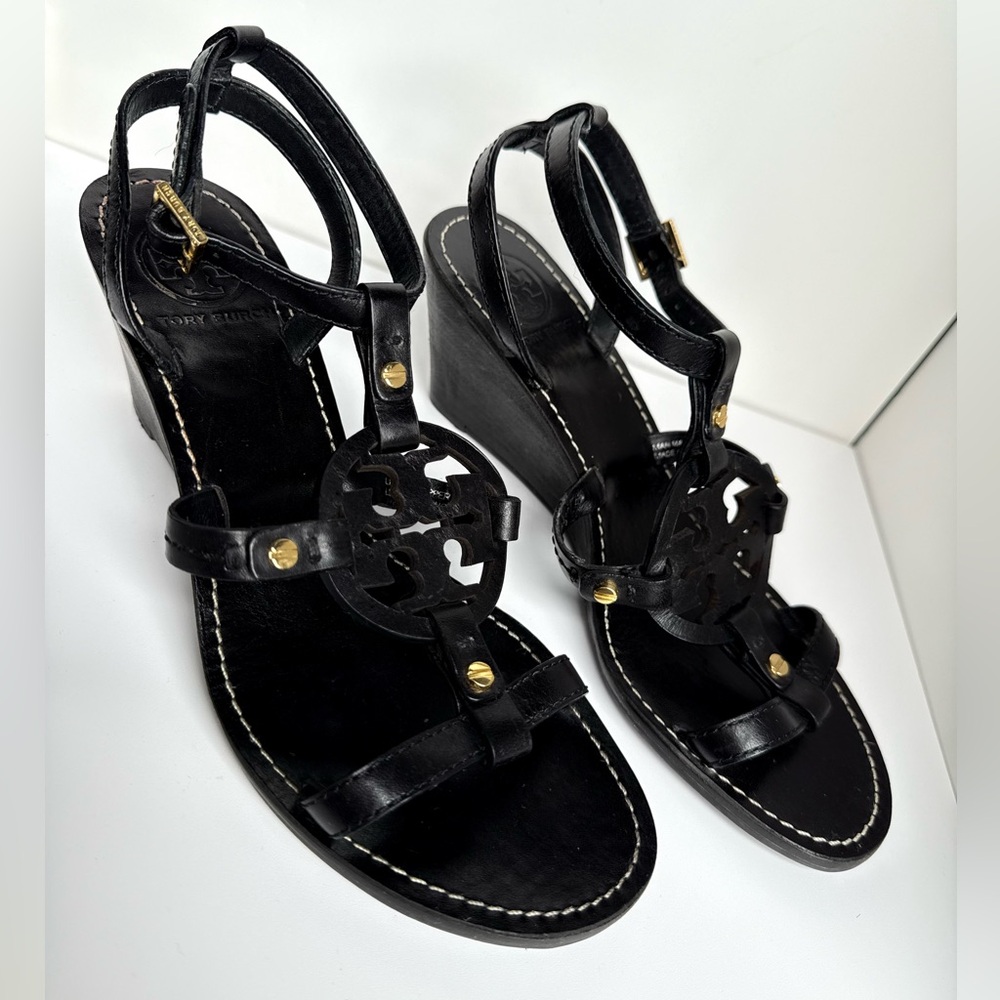 Tory Burch Black Leather Miller Logo Wedge Ankle Strap Sandals Size 7M - Picture 6 of 11